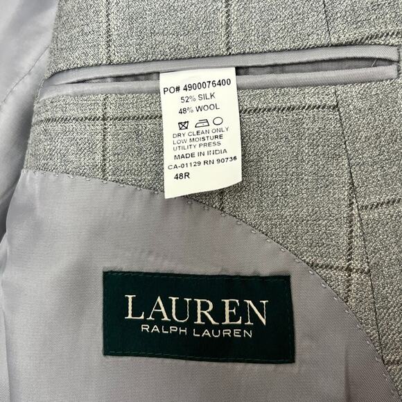 Lauren Ralph Lauren Blazer Suit Jacket Mens 48 R Gray Silk Wool Plaid Windowpane - Picture 7 of 12